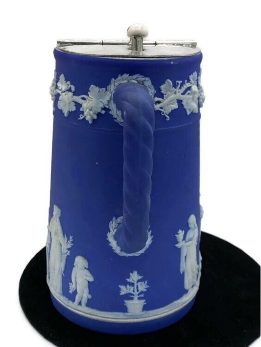 Wedgwood Blue Etruscan Jasperware Syrup Jug Pitcher W/ Lid